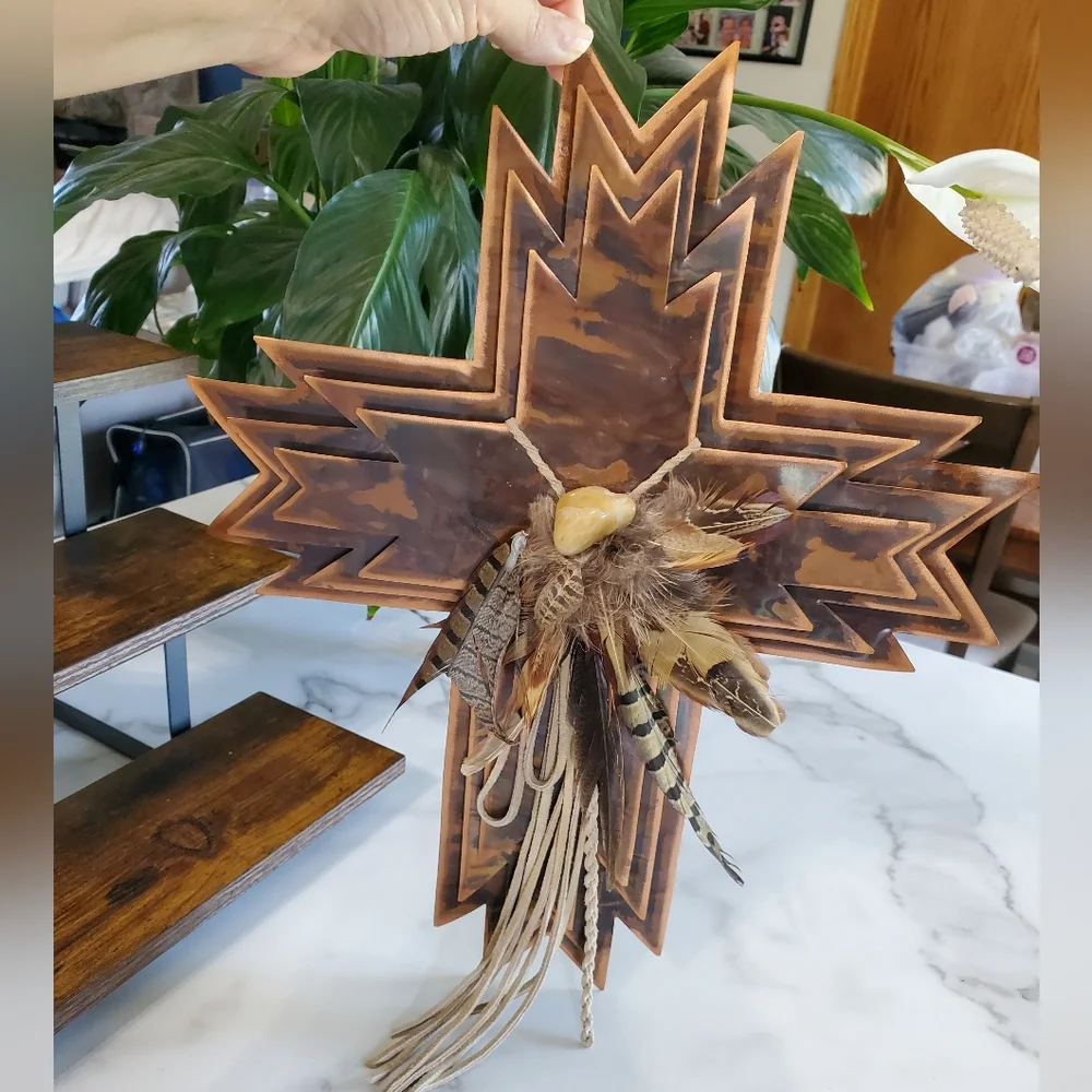 Metal Cross with Feathers Wall Hanging
